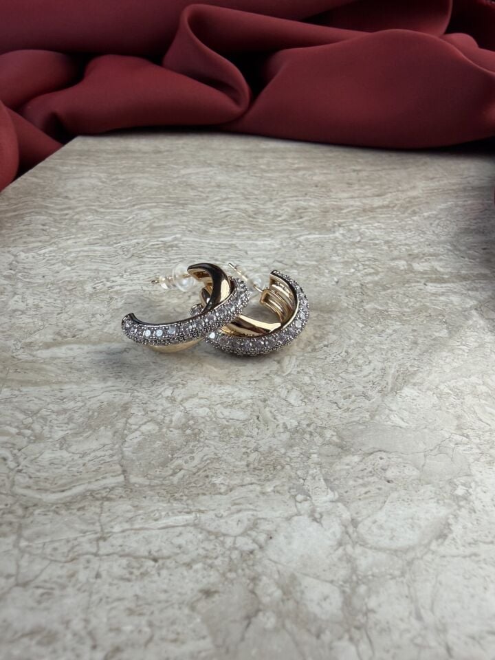 Gold Gümüş Taşlı Çift Renk Halka Küpe